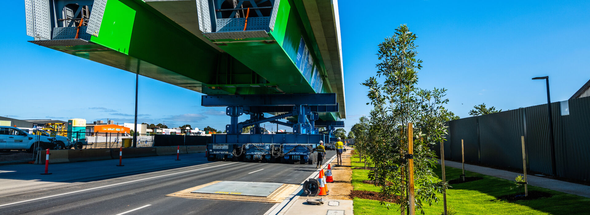 Each bridge section was moved into position using SPMTs over a 7-day road closure